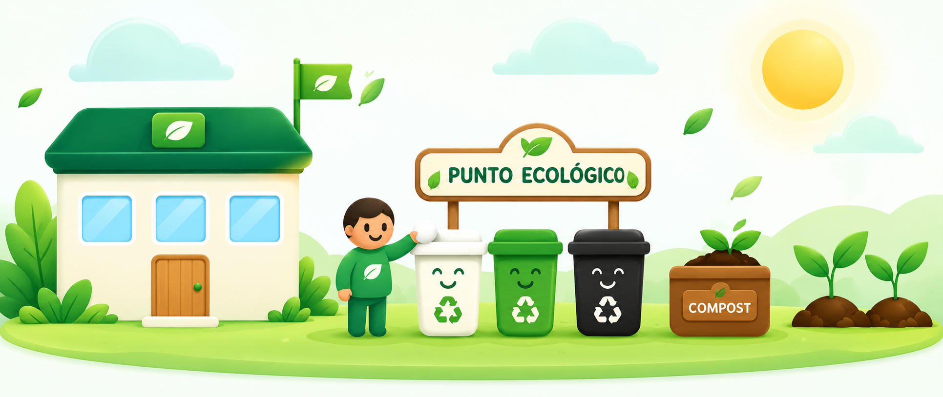 Colegio con punto ecológico: canecas blanca, verde y negra, compostera y huerta escolar