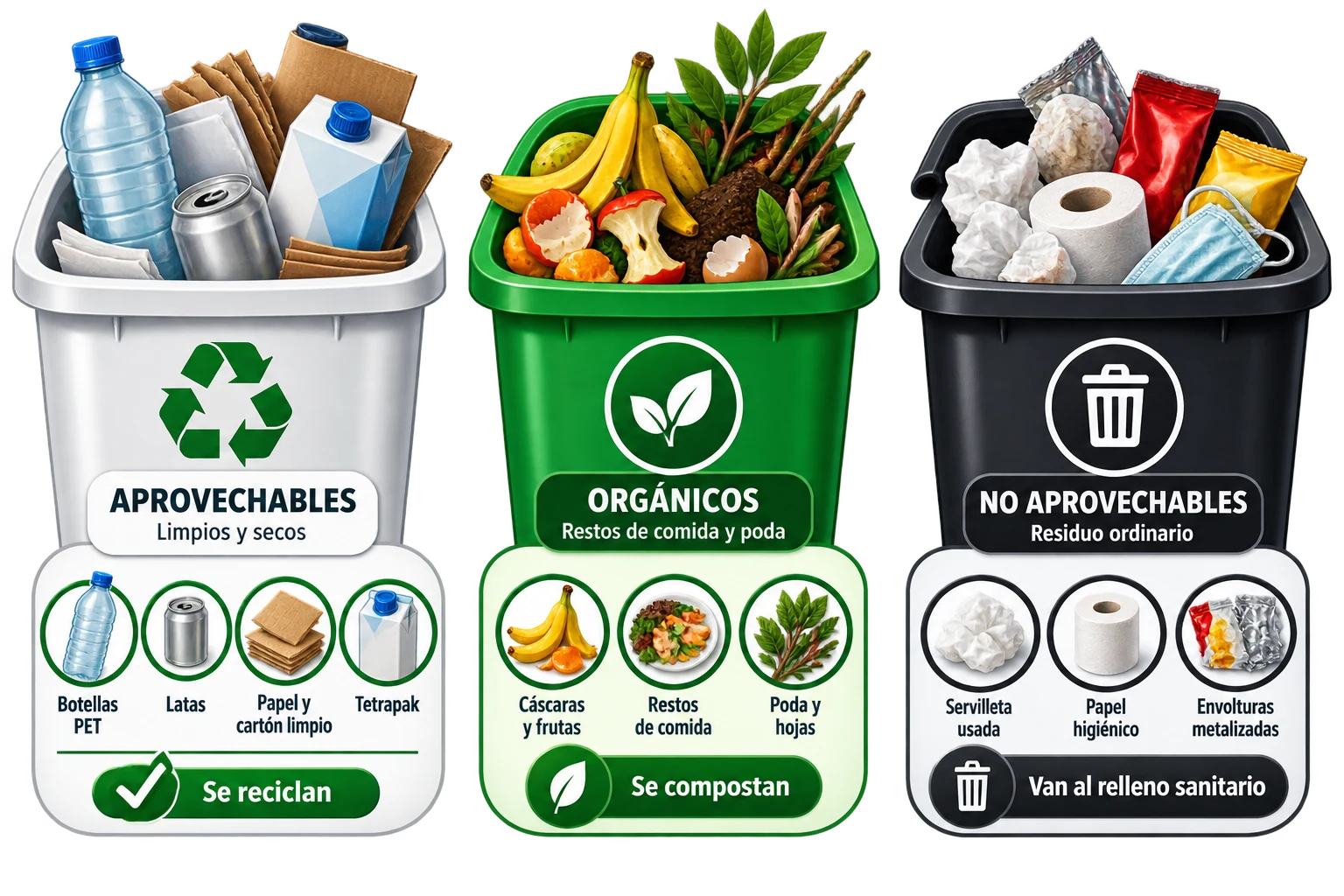 Las tres bolsas del código nacional: blanca para aprovechables, verde para orgánicos y negra para no aprovechables, con ejemplos de cada una